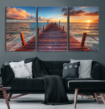 28836-MGV-CV-36X24-Ocean Pier Sunset Wall Art – Wooden Dock and Golden Horizon Canvas Print, Coastal Seascape Photography for Living Room, Bedroom,
