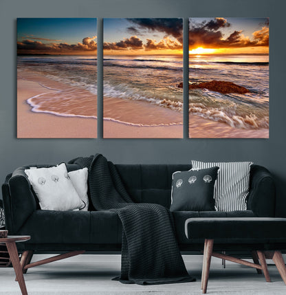 80979-MGV-CV-36X24-Golden Sunrise Beach Wall Art – Ocean Waves and Sandy Shore Canvas Print, Coastal Sunset Photography Artwork for Living Room,
