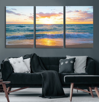 78006-MGV-CV-36X24-Golden Sunrise Ocean Wall Art – Panoramic Beach Waves Canvas Print, Coastal Seascape Artwork for Living Room, Bedroom, Office, or
