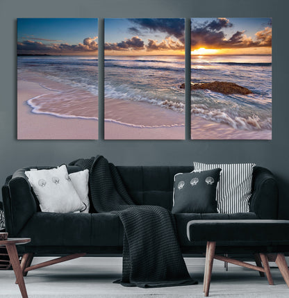 94906-MGV-CV-36X24-Sunrise Beach Wall Art – Panoramic Ocean Waves Canvas Print, Coastal Sunset Seascape Artwork for Living Room, Bedroom, or Office