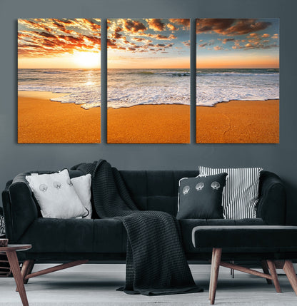 15399-MGV-CV-36X24-Golden Sunrise Beach Wall Art – Ocean Waves on Sandy Shore Canvas Print, Coastal Seascape Decor for Living Room or Bedroom