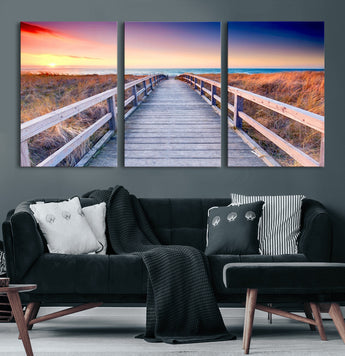 60625-MGV-CV-36X24-Beach Boardwalk Sunrise Wall Art – Coastal Pathway to Ocean Canvas Print, Seaside Landscape Decor for Home or Office