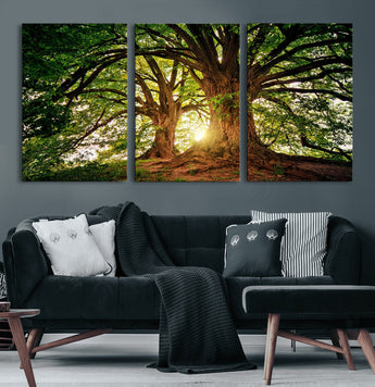 52150-MGV-CV-60X30-3P-Majestic Tree Wall Art – Large Nature Canvas Print with Sunlight Through Branches, Rustic Forest Decor for Living Room, Bedroom or