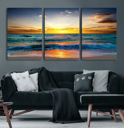 50627-MGV-CV-36X24-Ocean Sunset Wall Art – Serene Beach Canvas Print with Waves and Golden Sky, Coastal Decor for Living Room or Office