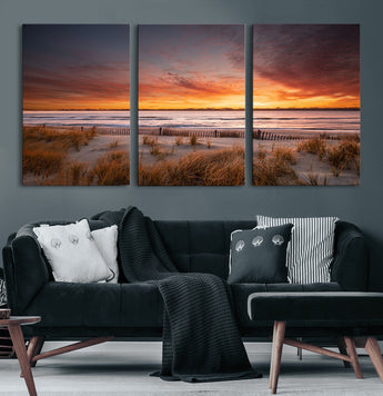 90176-MGV-CV-36X24-Beach Sunset Wall Art – Coastal Sand Dune Canvas Print with Ocean Waves and Dramatic Sky, Seaside Landscape Decor for Living Room