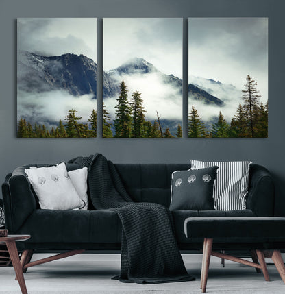 93219-MGV-CV-36X24-Misty Mountain Wall Art – Foggy Pines and Rocky Peaks Canvas Print, Nature Landscape Decor for Living Room, Office or Bedroom