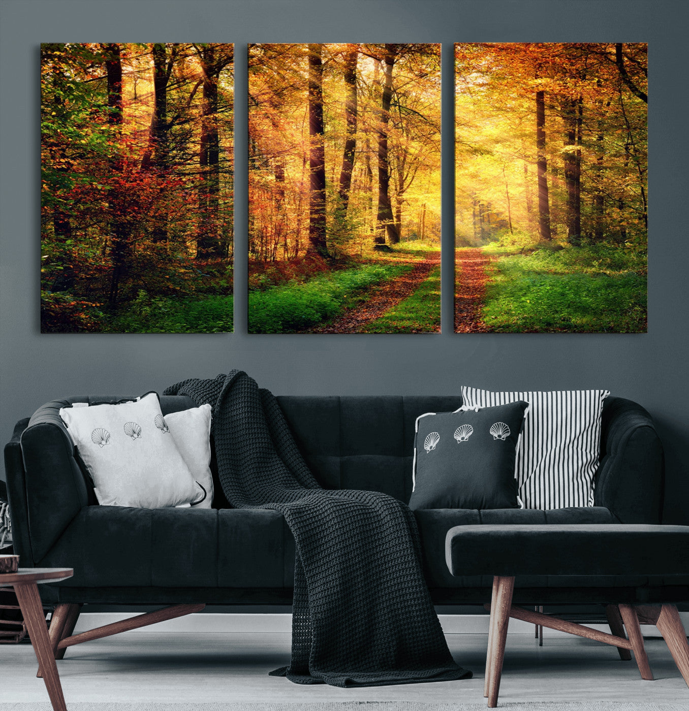 73494-MGV-CV-36X24-Golden Autumn Forest Path Wall Art – Sunlit Woodland Canvas Print, Fall Nature Landscape Home Decoration