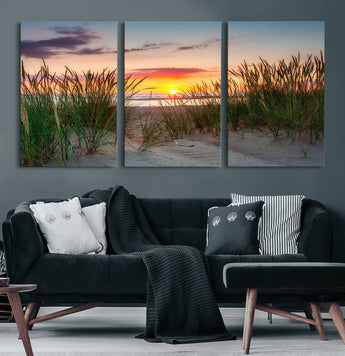 25576-MGV-CV-36X24-Beach Grass Sunset Wall Art – Coastal Sand Dune Landscape Canvas Print, Ocean View Nature Decor for Living Room or Office Wall