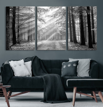39665-MGV-CV-60X30-3P-Black and White Forest Path Wall Art – Sunlight Rays in Trees Canvas Print, Nature Landscape Decor for Living Room or Office