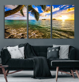 68606-MGV-CV-60X30-3P-Tropical Palm Tree Ocean Wall Art – Sunset Beach Seascape Print, Coastal Paradise Decor for Living Room or Office