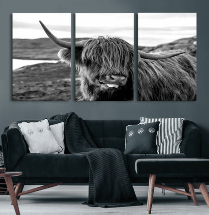 83810-MGV-CV-36X24-Highland Cow Wall Art – Black and White Highland Cattle Print, Rustic Farmhouse Animal Decor for Living Room