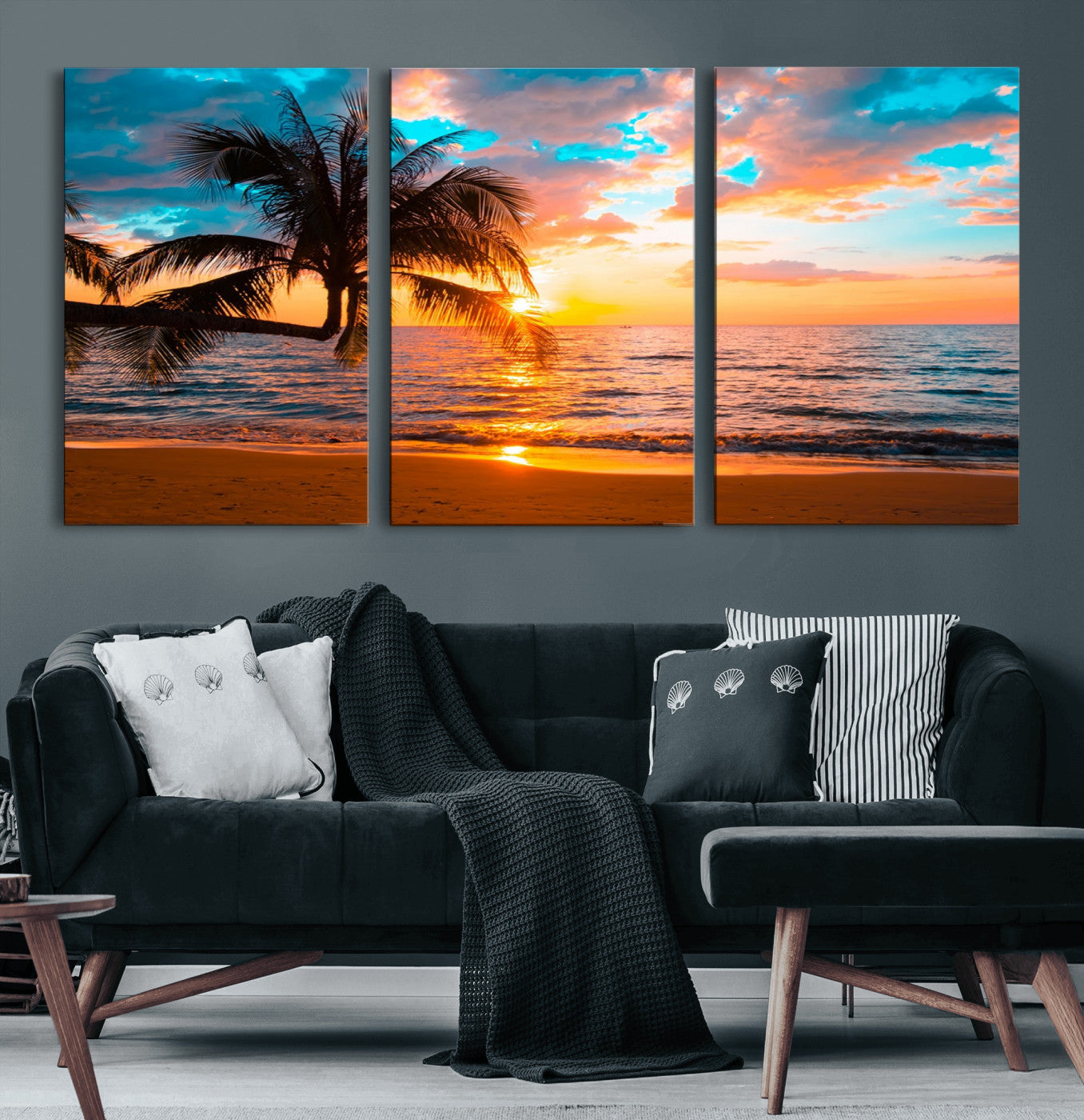34674-MGV-CV-36X24-Tropical Sunset Beach Wall Art – Palm Tree Ocean Canvas Print, Coastal Seascape Decor for Living Room or Office Wall