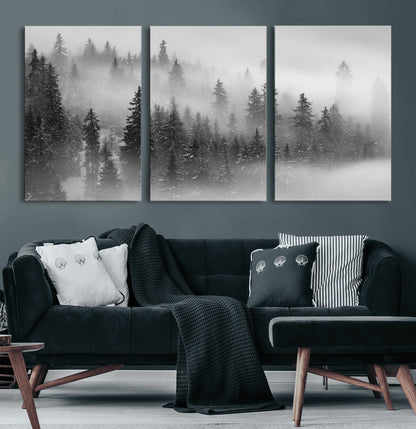 57235-MGV-CV-36X24-Misty Pine Forest Wall Art – Black and White Mountain Landscape Canvas Print, Nature Woodland Decor for Living Room, Bedroom or