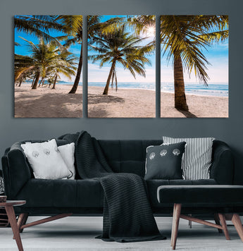 98175-MGV-CV-60X30-3P-Tropical Palm Beach Wall Art – Relaxing Ocean Shore Canvas Print with Palm Trees, Coastal Summer Decor for Living Room, Bedroom or