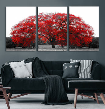 80021-MGV-CV-60X30-3P-Red Tree Wall Art – Striking Black and White Landscape Canvas Print with Vibrant Red Leaves, Modern Nature Decor for Living Room