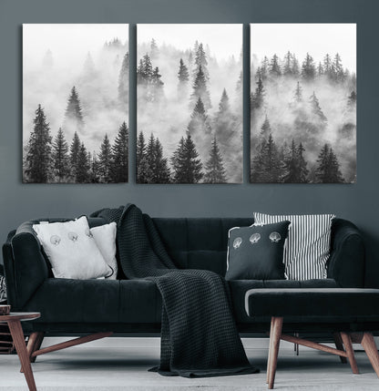 10422-MGV-CV-36X24-Misty Pine Forest Wall Art – Black and White Foggy Landscape Canvas Print, Serene Nature Woodland Decor for Bedroom, Office or