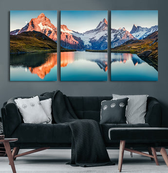 88453-MGV-CV-60X30-3P-Mountain Lake Wall Art – Snow-Capped Peaks Reflected in Alpine Water Canvas Print, Nature Landscape Wall Decor for Living Room or