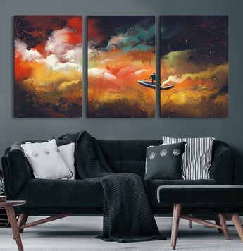 45085-MGV-CV-60X30-3P-Surreal Cosmic Wall Art – Abstract Galaxy Dreamscape Canvas Print with Man and Dog in Boat, Fantasy Nebula Painting for Living