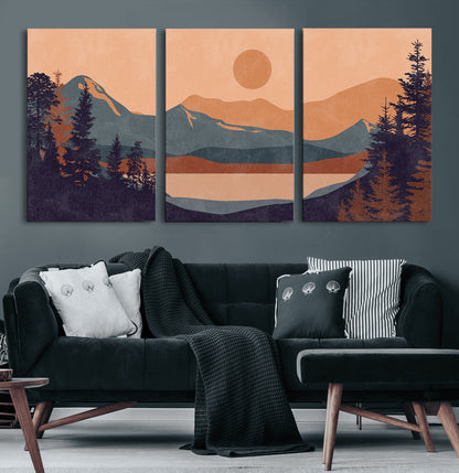 62795-MGV-CV-60X30-3P-Minimalist Mountain Landscape Wall Art – Abstract Sunset Over Peaks and Pine Trees Canvas Print, Modern Nature Decor for Living