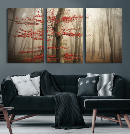 61855-MGV-CV-60X30-3P-Misty Forest Wall Art – Red Tree with Autumn Leaves Canvas Print, Moody Woodland Nature Decor for Living Room, Bedroom, or Office