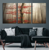 61855-MGV-CV-36X24-Misty Forest Wall Art – Red Tree with Autumn Leaves Canvas Print, Moody Woodland Nature Decor for Living Room, Bedroom, or Office