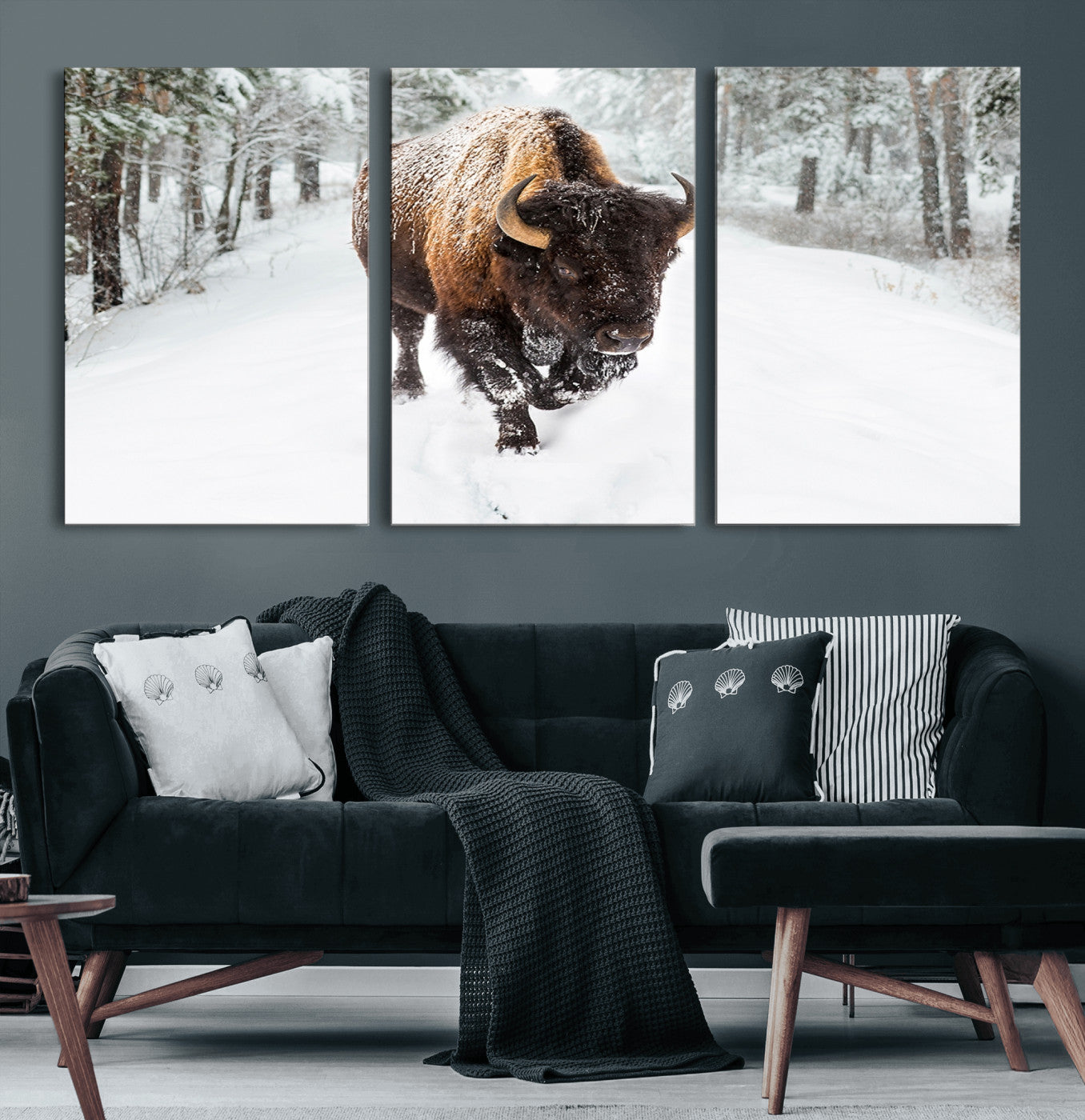 84699-MGV-CV-60X30-3P-Bison in Winter Wall Art – Majestic Buffalo Canvas Print with Snowy Forest Landscape, Rustic Wildlife Artwork for Cabin, Living