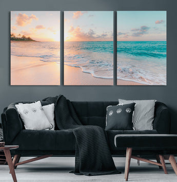 89767-MGV-CV-60X30-3P-Ocean Sunset Wall Art – Serene Beach Canvas Print with Pastel Sky and Waves, Coastal Seascape Artwork for Bedroom, Living Room, or