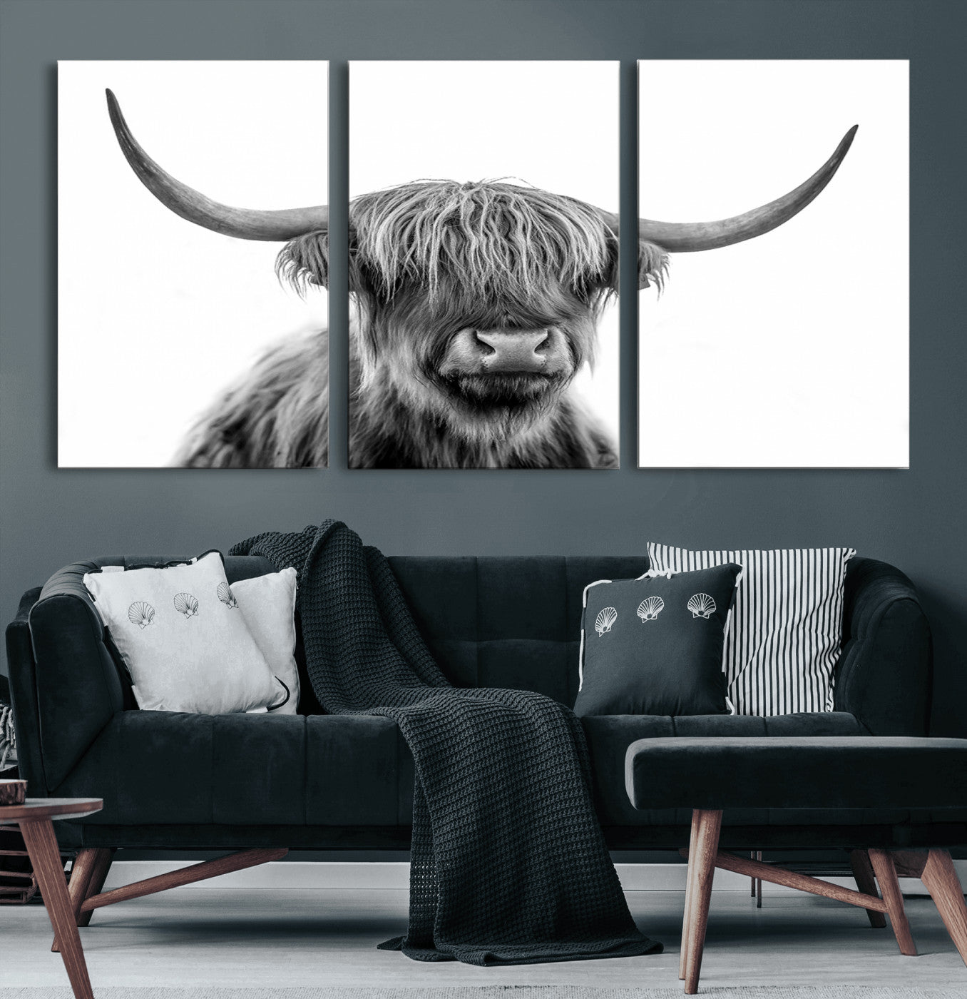 10123-MGV-CV-36X24-Black and White Highland Cow Wall Art – Modern Farmhouse Animal Print, Rustic Scottish Bull Canvas Decor for Living Room, Bedroom,