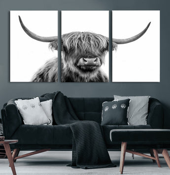 10123-MGV-CV-36X24-Black and White Highland Cow Wall Art – Modern Farmhouse Animal Print, Rustic Scottish Bull Canvas Decor for Living Room, Bedroom,