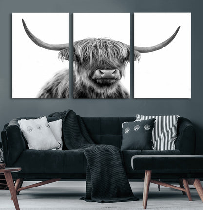 10123-MGV-CV-36X24-Black and White Highland Cow Wall Art – Modern Farmhouse Animal Print, Rustic Scottish Bull Canvas Decor for Living Room, Bedroom,
