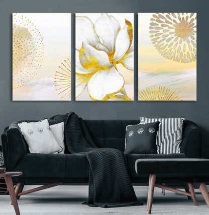 82301-MGV-CV-60X30-3P-Modern Floral Wall Art – White Flower with Gold Detailing Canvas Print, Elegant Abstract Artwork for Living Room, Bedroom, or