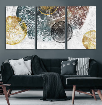 70653-MGV-CV-36X24-Abstract Tree Ring Wall Art – Modern Rustic Wood Slice Canvas Print with Gold Accents, Contemporary Nature Decor for Living Room,