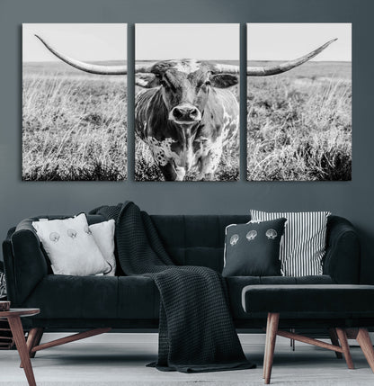77320-MGV-CV-36X24-Texas Longhorn Wall Art – Black and White Western Cattle Canvas Print, Rustic Farmhouse Animal Photography Decor for Living Room,