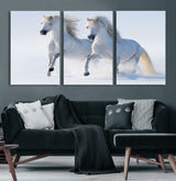 80145-MGV-CV-36X24-White Horses Running Snow Wall Art – Majestic Equine Canvas Print, Winter Nature Photography Decor for Living Room, Office,