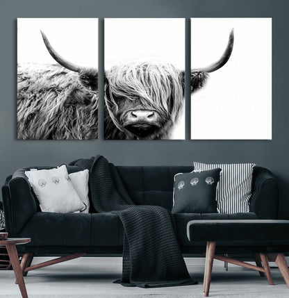 51957-MGV-CV-36X24-Highland Cow Wall Art – Black and White Scottish Highland Bull Canvas Print, Rustic Farmhouse Animal Decor for Living Room,