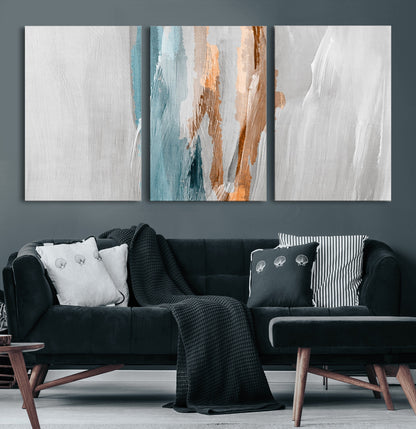 66154-MGV-CV-60X30-3P-Abstract Brushstroke Wall Art – Modern Teal and Gold Canvas Print, Minimalist Contemporary Painting for Living Room, Bedroom, or