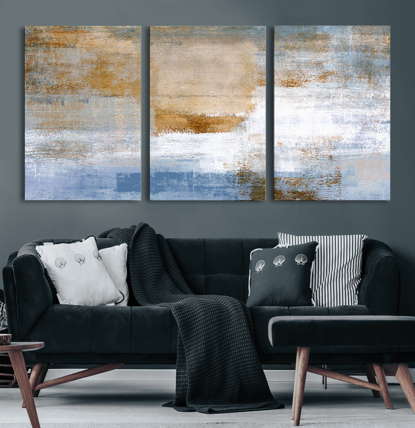 72354-MGV-CV-60X30-3P-Blue and Gold Abstract Wall Art – Modern Minimalist Canvas Print, Textured Contemporary Painting for Living Room, Bedroom, or