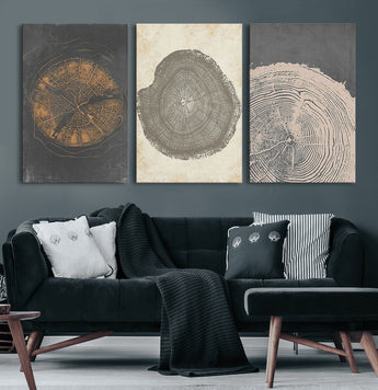 80725-MGV-CV-60X30-3P-Wood Tree Rings Wall Art Canvas Print, Framed Tree Rings Art Picture Print, Abstract Tree Rings Perfect Modern Boho Decor Artwork