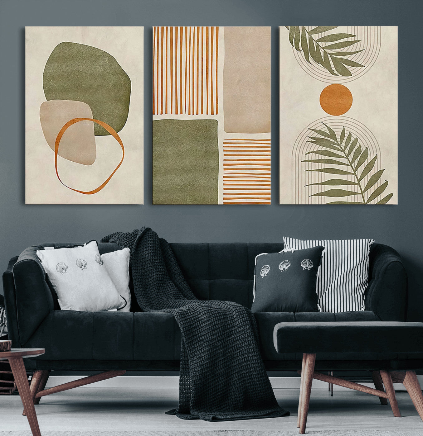 96002-MGV-CV-60X30-3P-Abstract Geometric Wall Art – Modern Canvas Print with Green, Orange & Beige Shapes, Minimalist Home Decor for Living Room, Office