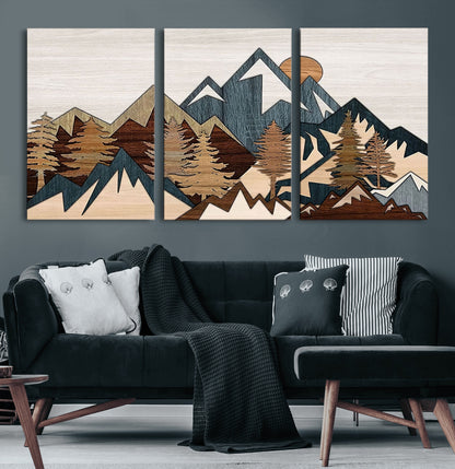 67950-MGV-CV-60X30-3P-Modern Wood Wall Art Canvas Print, Framed Mountain Range Art Picture Print, Wood Mountain Range Perfect Rustic Decor Artwork