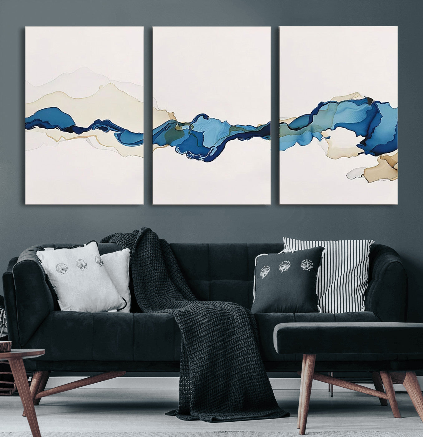 95528-MGV-CV-60X30-3P-Abstract Blue Wave Wall Art – Modern Ocean Inspired Canvas Print, Minimalist Fluid Painting for Living Room, Bedroom or Office
