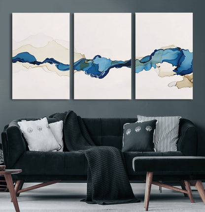 95528-MGV-CV-60X30-3P-Abstract Blue Wave Wall Art – Modern Ocean Inspired Canvas Print, Minimalist Fluid Painting for Living Room, Bedroom or Office