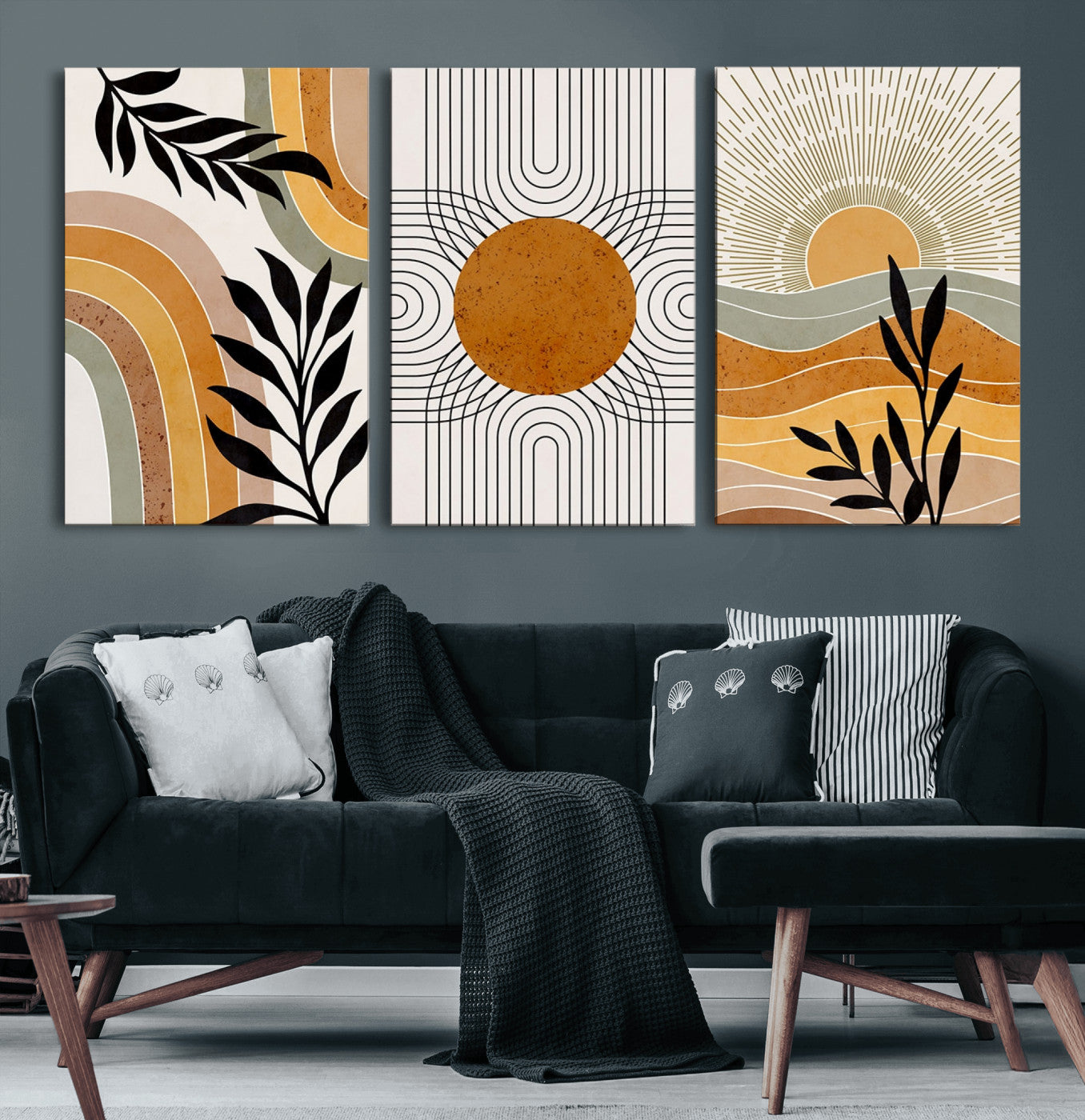 44668-MGV-CV-60X30-3P-Mid Century Modern Wall Art – Abstract Sun and Rainbow Canvas Print, Minimalist Geometric Boho Decor for Living Room, Bedroom or