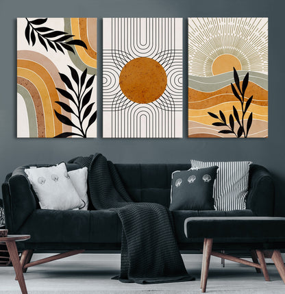 44668-MGV-CV-60X30-3P-Mid Century Modern Wall Art – Abstract Sun and Rainbow Canvas Print, Minimalist Geometric Boho Decor for Living Room, Bedroom or