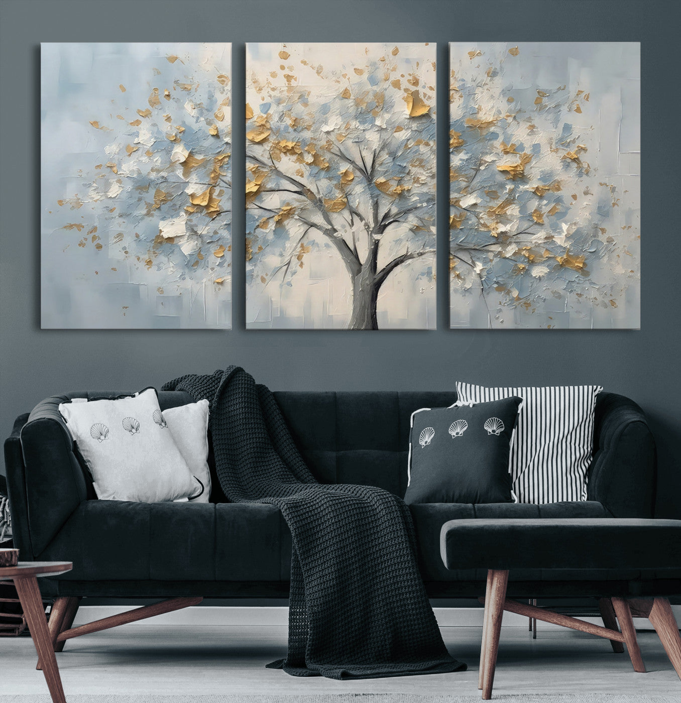65811-MGV-CV-36X24-Abstract Tree Wall Art – Textured Canvas Painting with Gold and White Leaves, Modern Nature Inspired Decor for Living Room or
