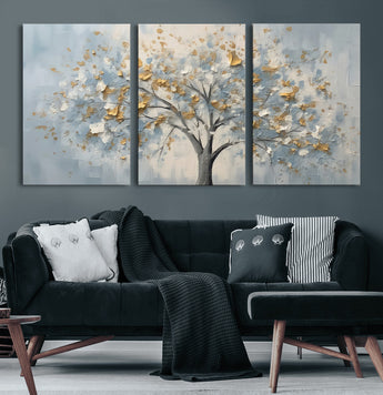 65811-MGV-CV-36X24-Abstract Tree Wall Art – Textured Canvas Painting with Gold and White Leaves, Modern Nature Inspired Decor for Living Room or