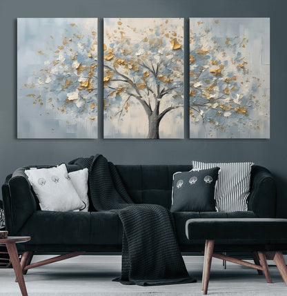 65811-MGV-CV-36X24-Abstract Tree Wall Art – Textured Canvas Painting with Gold and White Leaves, Modern Nature Inspired Decor for Living Room or