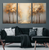 95004-MGV-CV-60X30-3P-Autumn Forest Path Wall Art – Hand Painted Canvas Print with Golden Trees, Modern Nature Landscape Decor for Living Room, Bedroom
