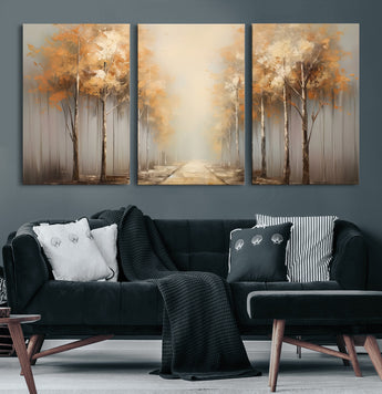 95004-MGV-CV-60X30-3P-Autumn Forest Path Wall Art – Hand Painted Canvas Print with Golden Trees, Modern Nature Landscape Decor for Living Room, Bedroom