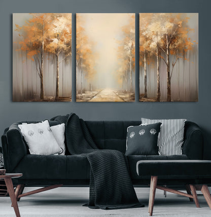 95004-MGV-CV-60X30-3P-Autumn Forest Path Wall Art – Hand Painted Canvas Print with Golden Trees, Modern Nature Landscape Decor for Living Room, Bedroom